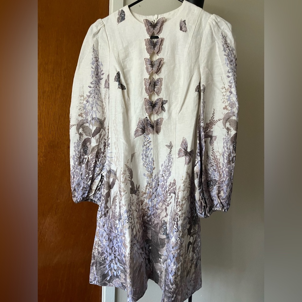 Zimmermann Luminous Butterfly Print Linen Mini Dress Wild Botanica Size 0/US4 - Picture 2 of 8